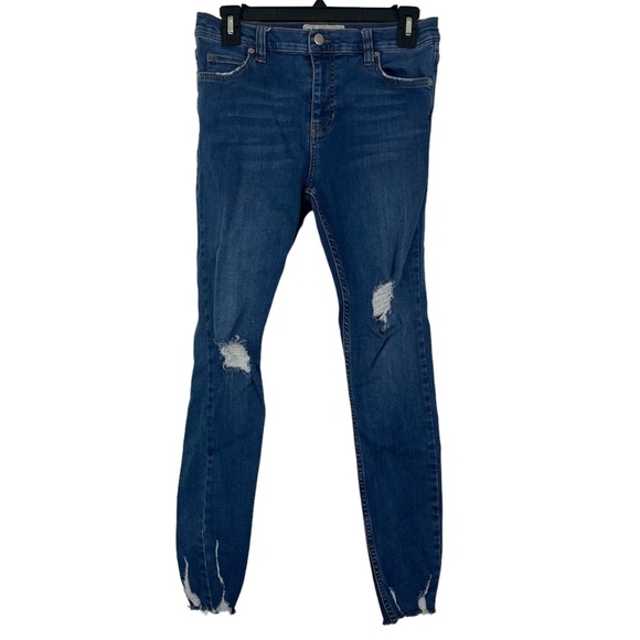FREE PEOPLE Distressed Raw Hem High Rise Skinny Medium Blue Wash Jeans sz 26 x27 - Picture 1 of 16